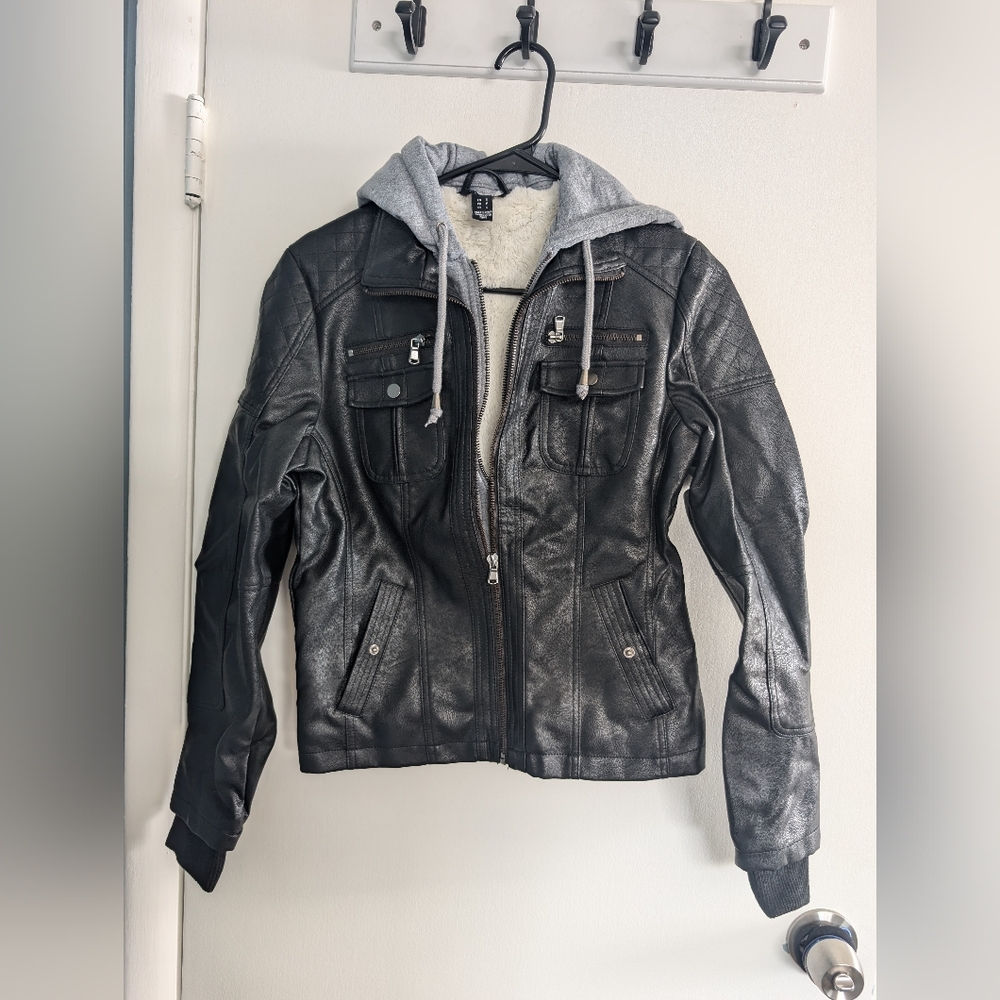 Black Faux Leather Jacket with Gray Hood